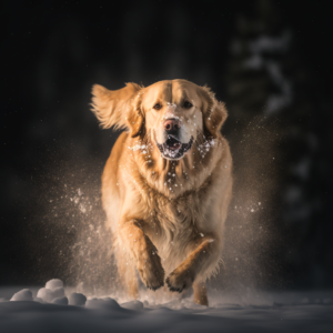 golden retriever playing in the snow on mt lemmon