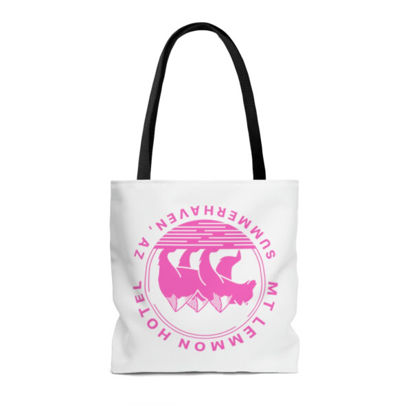 Mt Lemmon Hotel AOP Tote Bag pink logo image